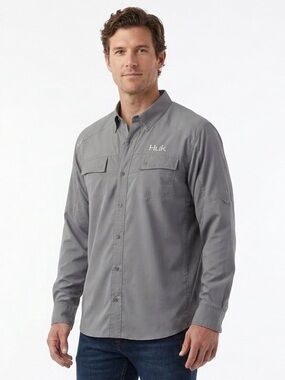 Huk Performance Fabrics Long Sleeve Fishing Shirt Gray Men's Size L